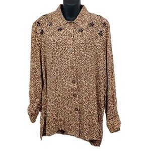 Vintage Cache Women's Animal Print Brown Button Down Long Sleeve Shirt Small